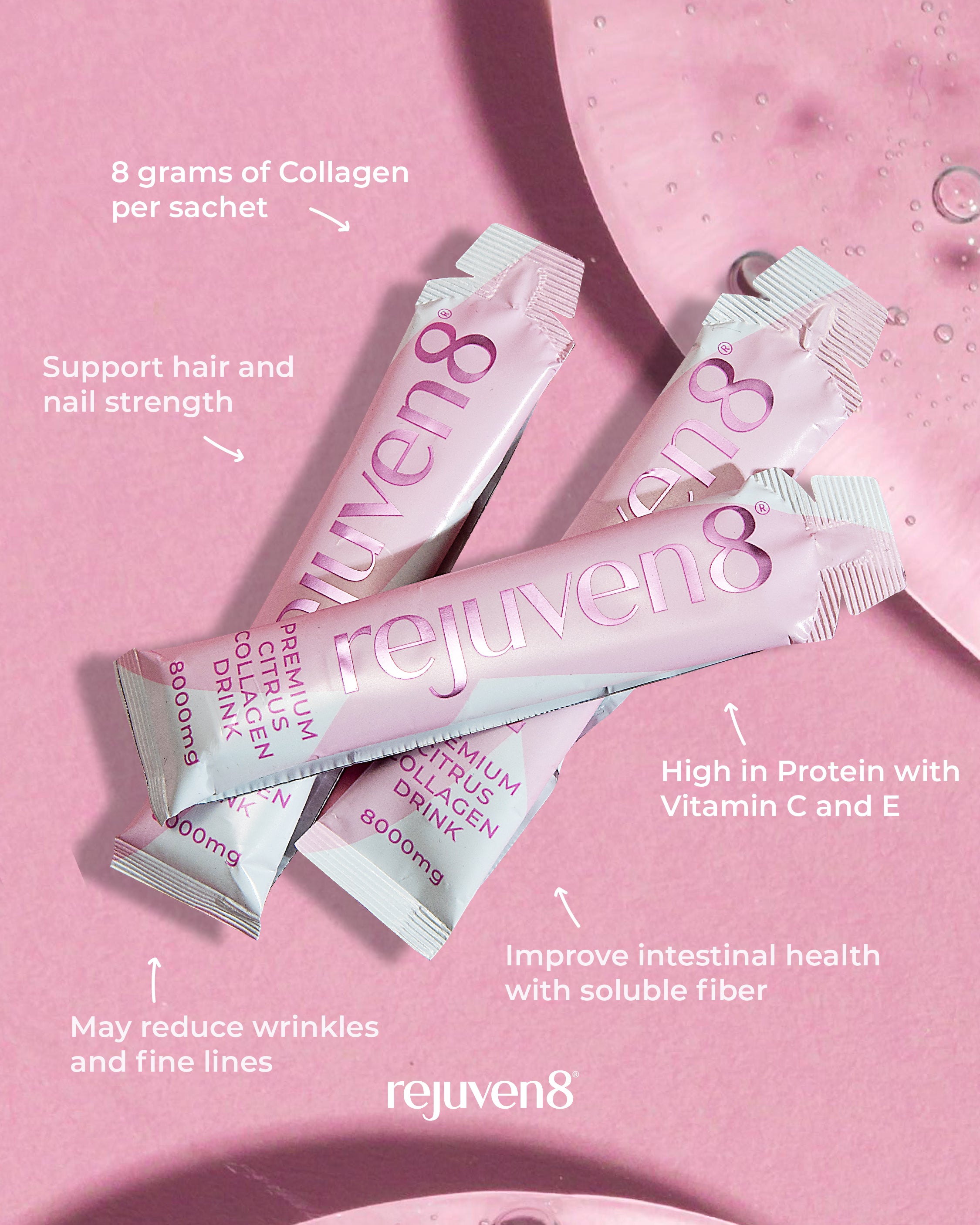 (Clearance, Past Best Before June 2025) Rejuven8 Premium Hydrolysed Marine Liquid Collagen Drink 8000mg, 14 sachets 14 x 30ml (14 day supply)