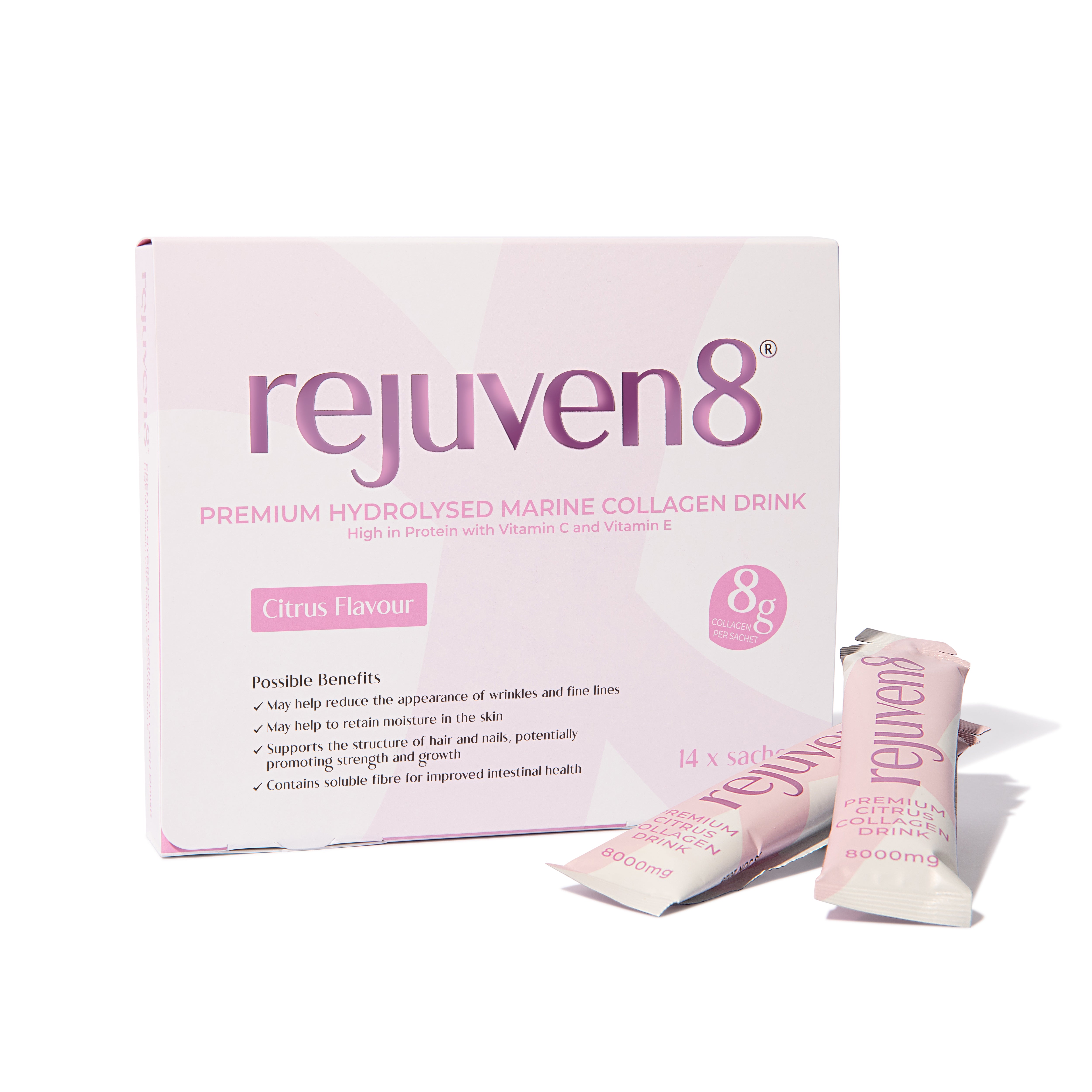 (Clearance, Past Best Before June 2025) Rejuven8 Premium Hydrolysed Marine Liquid Collagen Drink 8000mg, 14 sachets 14 x 30ml (14 day supply)