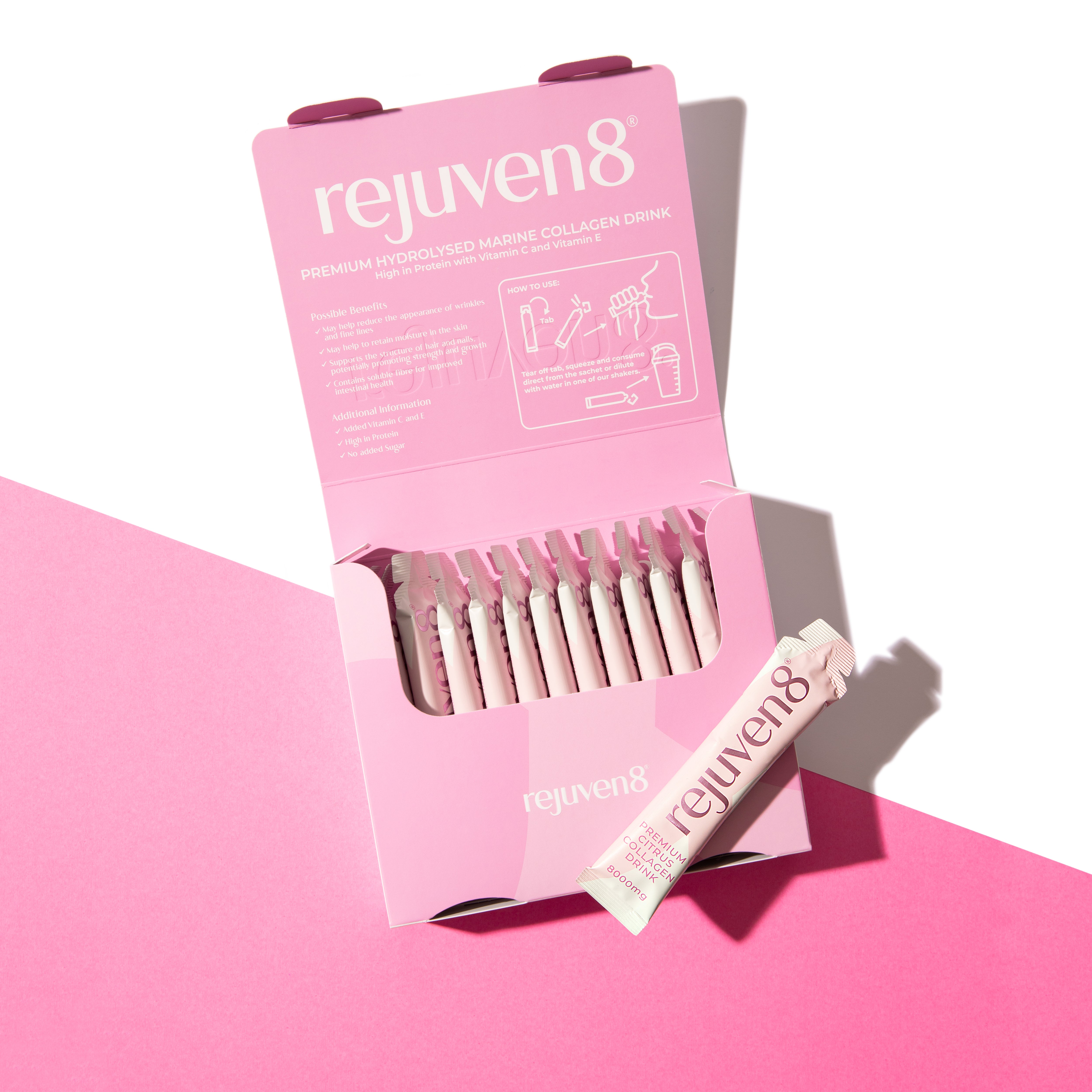 (Clearance, Past Best Before June 2025) Rejuven8 Premium Hydrolysed Marine Liquid Collagen Drink 8000mg, 14 sachets 14 x 30ml (14 day supply)